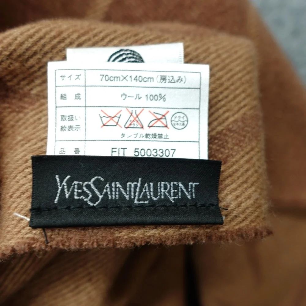 Vintage YVES SAINT LAURENT Wool Scarf Brown YSL Logo Shawl Wrap Fringe 70x140 cm - Picture 3 of 12